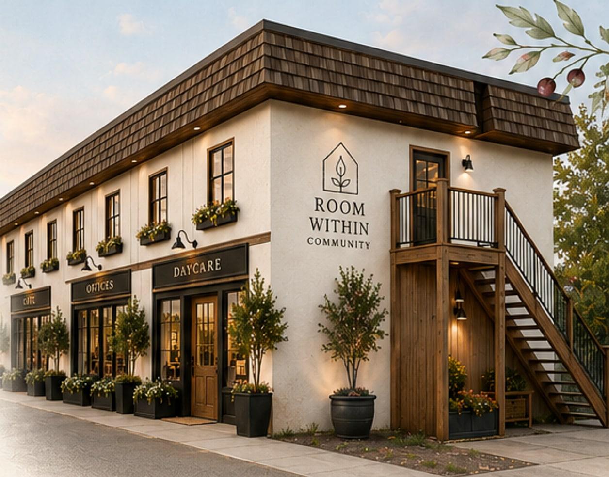 The Room Within building on Chamberlain Avenue — a two-storey shingled building with shopfronts for the cafe, offices and daycare, window boxes, and an exterior stair to the upper suites
